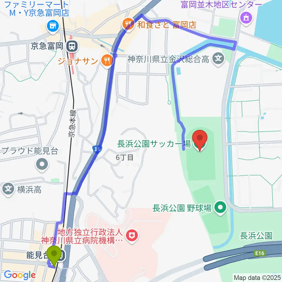 能見台駅から長浜公園サッカー場へのルートマップ地図