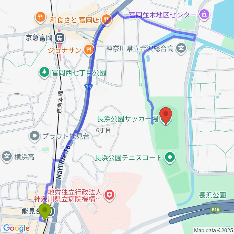 能見台駅から長浜公園サッカー場へのルートマップ地図