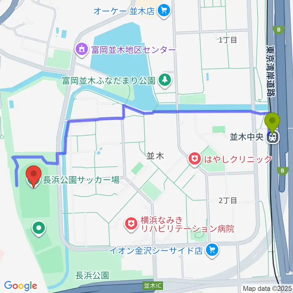 並木中央駅から長浜公園サッカー場へのルートマップ地図