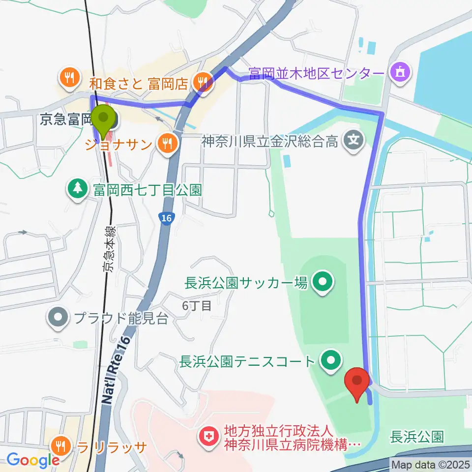 京急富岡駅から長浜公園野球場へのルートマップ地図