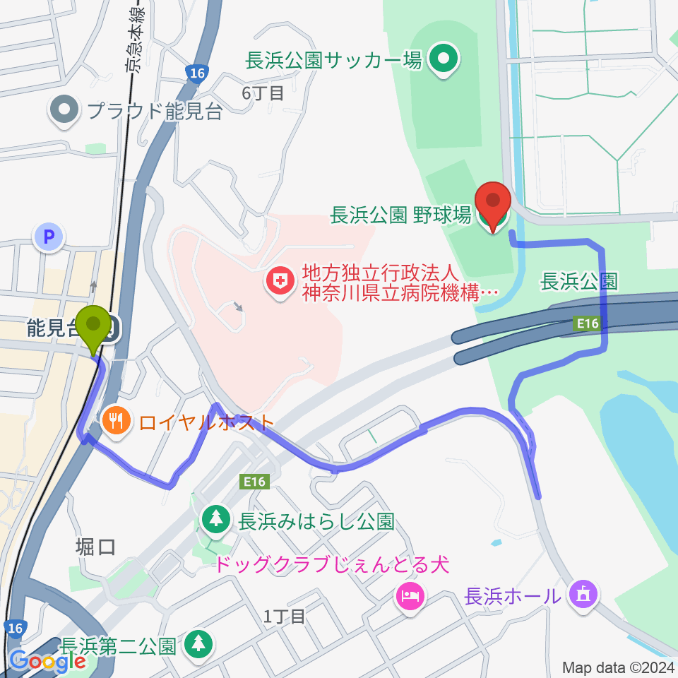 長浜公園野球場の最寄駅能見台駅からの徒歩ルート（約10分）地図