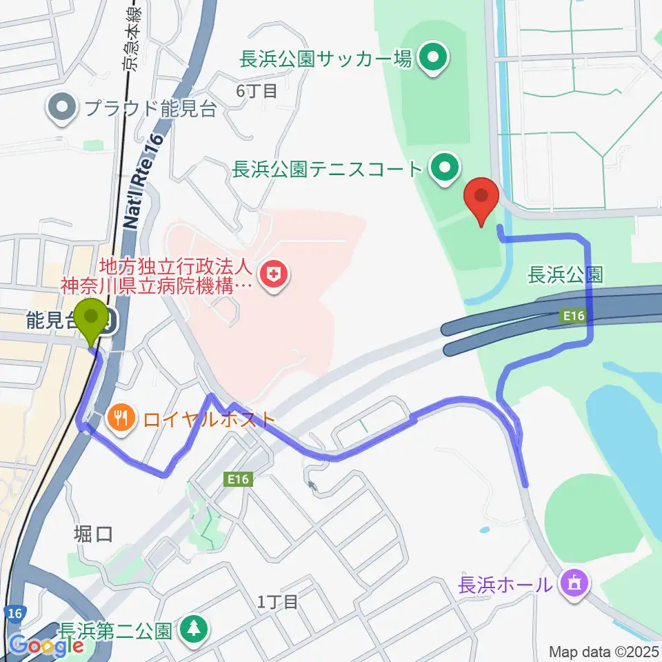 長浜公園野球場の最寄駅能見台駅からの徒歩ルート（約10分）地図