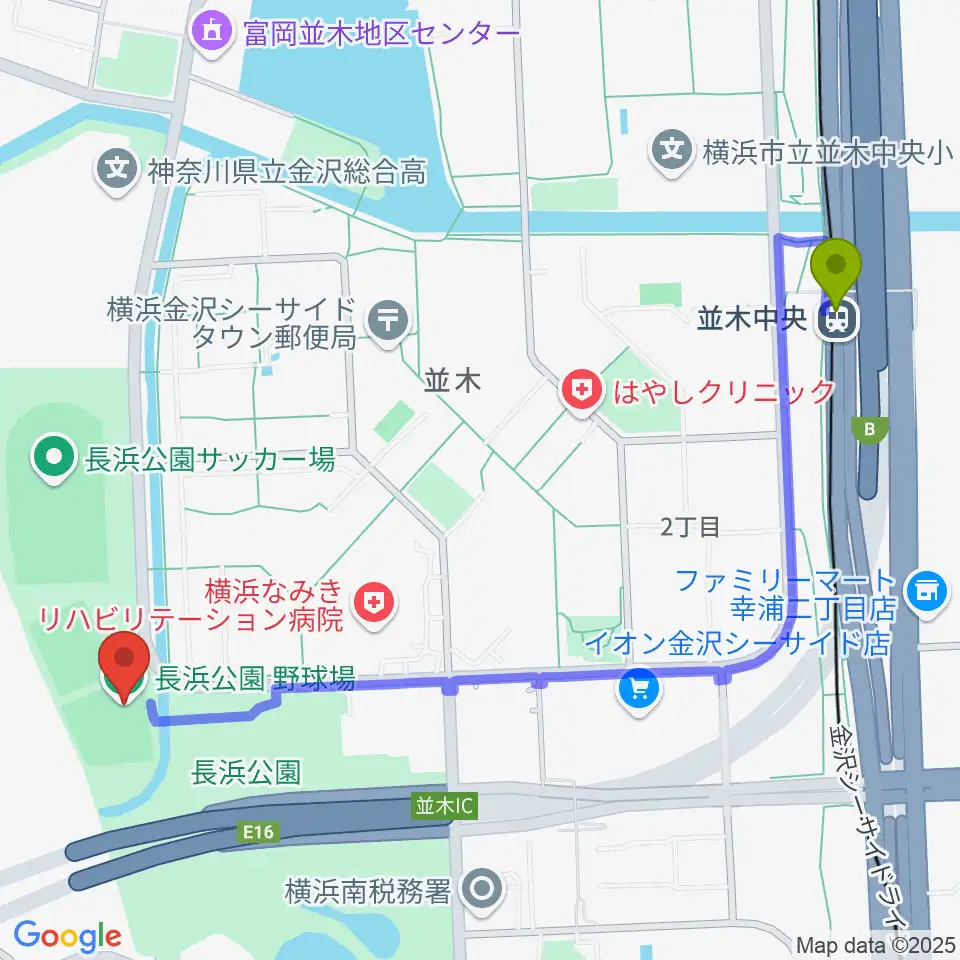 並木中央駅から長浜公園野球場へのルートマップ地図