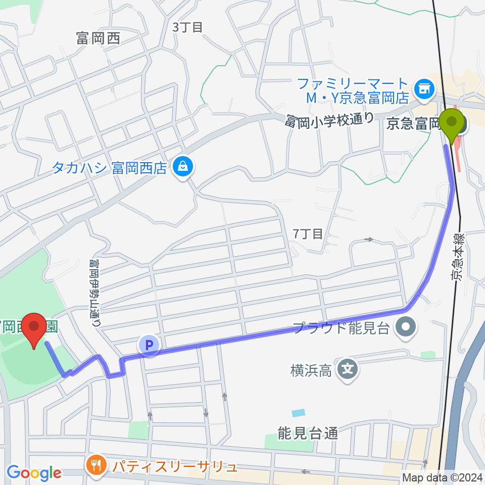 京急富岡駅から富岡西公園野球場へのルートマップ地図