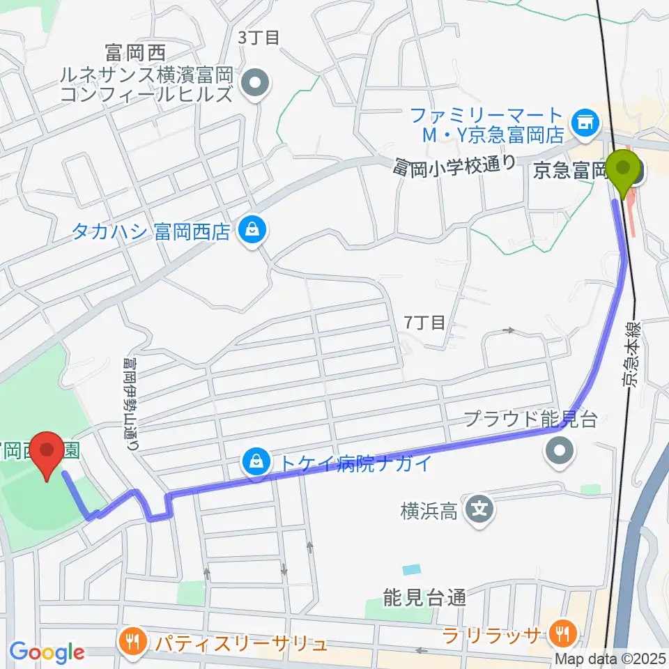 京急富岡駅から富岡西公園野球場へのルートマップ地図