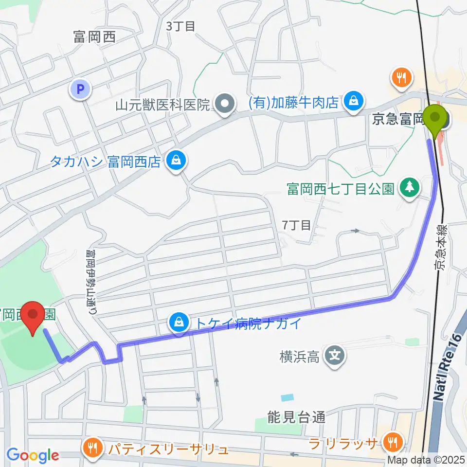 京急富岡駅から富岡西公園野球場へのルートマップ地図