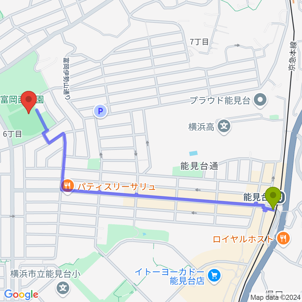 富岡西公園野球場の最寄駅能見台駅からの徒歩ルート（約14分）地図