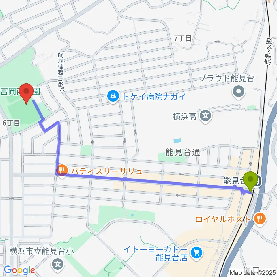 富岡西公園野球場の最寄駅能見台駅からの徒歩ルート（約14分）地図