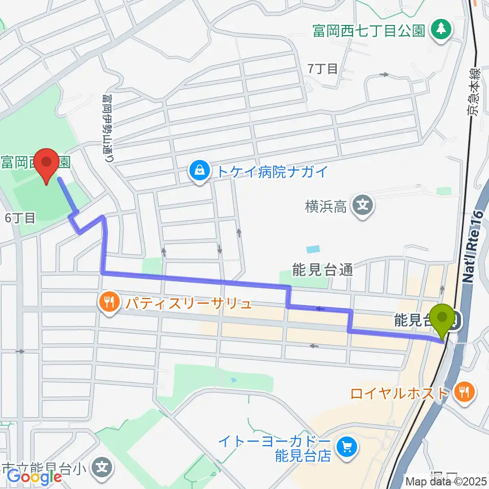 富岡西公園野球場の最寄駅能見台駅からの徒歩ルート（約14分）地図