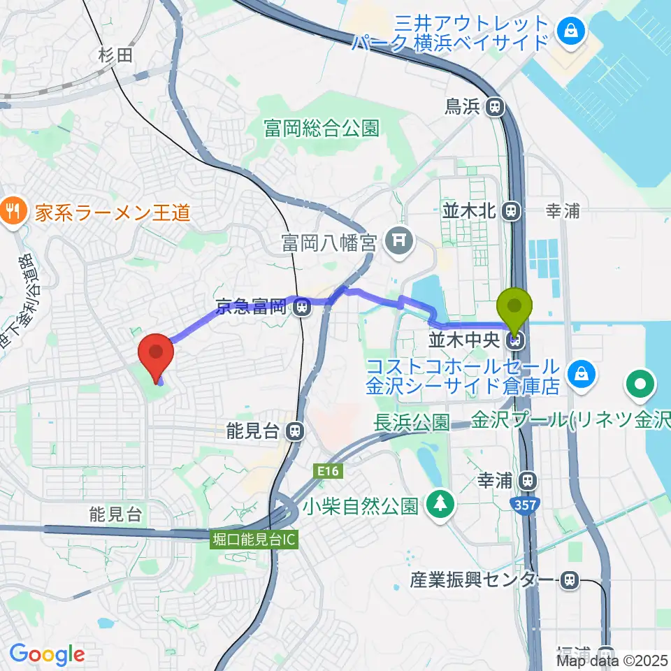 並木中央駅から富岡西公園野球場へのルートマップ地図