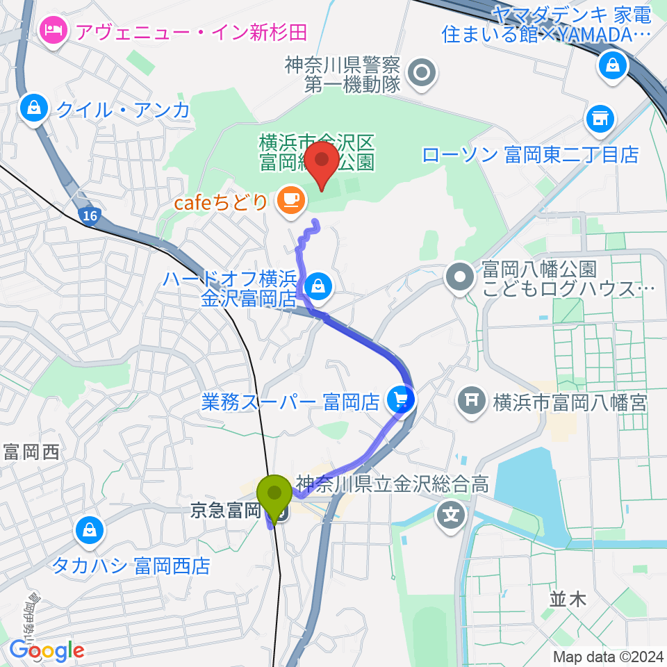 京急富岡駅から富岡総合公園多目的広場へのルートマップ地図