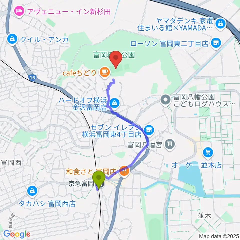 京急富岡駅から富岡総合公園多目的広場へのルートマップ地図