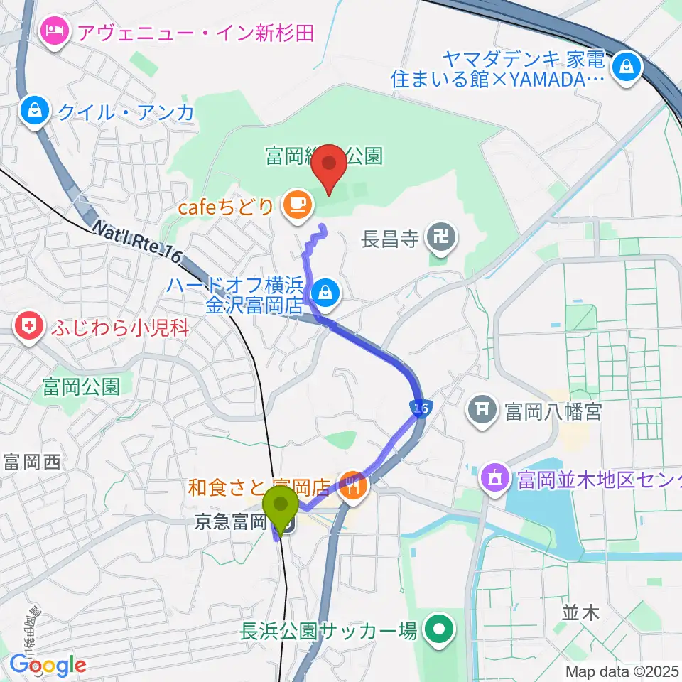 京急富岡駅から富岡総合公園多目的広場へのルートマップ地図