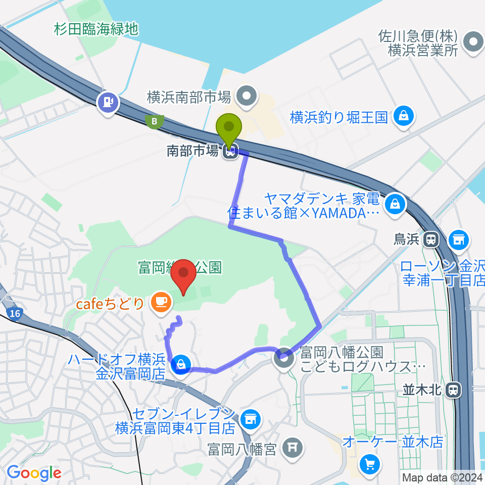 富岡総合公園多目的広場の最寄駅南部市場駅からの徒歩ルート（約10分）地図