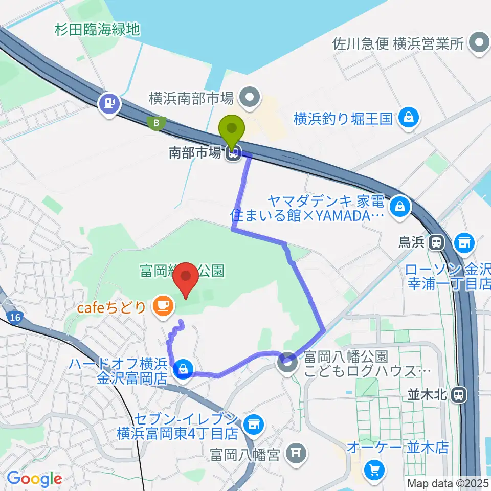 富岡総合公園多目的広場の最寄駅南部市場駅からの徒歩ルート（約10分）地図