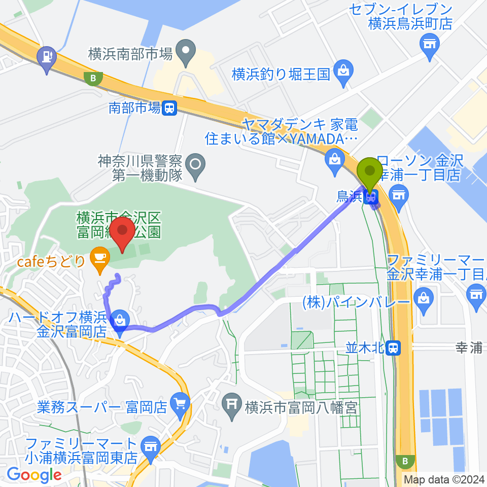 鳥浜駅から富岡総合公園多目的広場へのルートマップ地図
