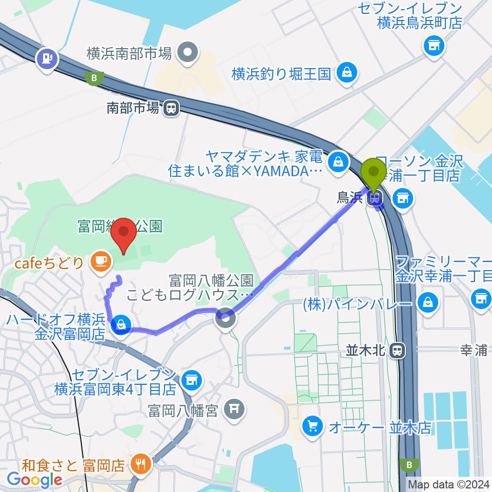 鳥浜駅から富岡総合公園多目的広場へのルートマップ地図