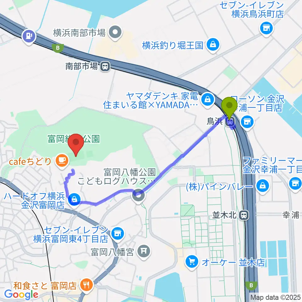 鳥浜駅から富岡総合公園多目的広場へのルートマップ地図