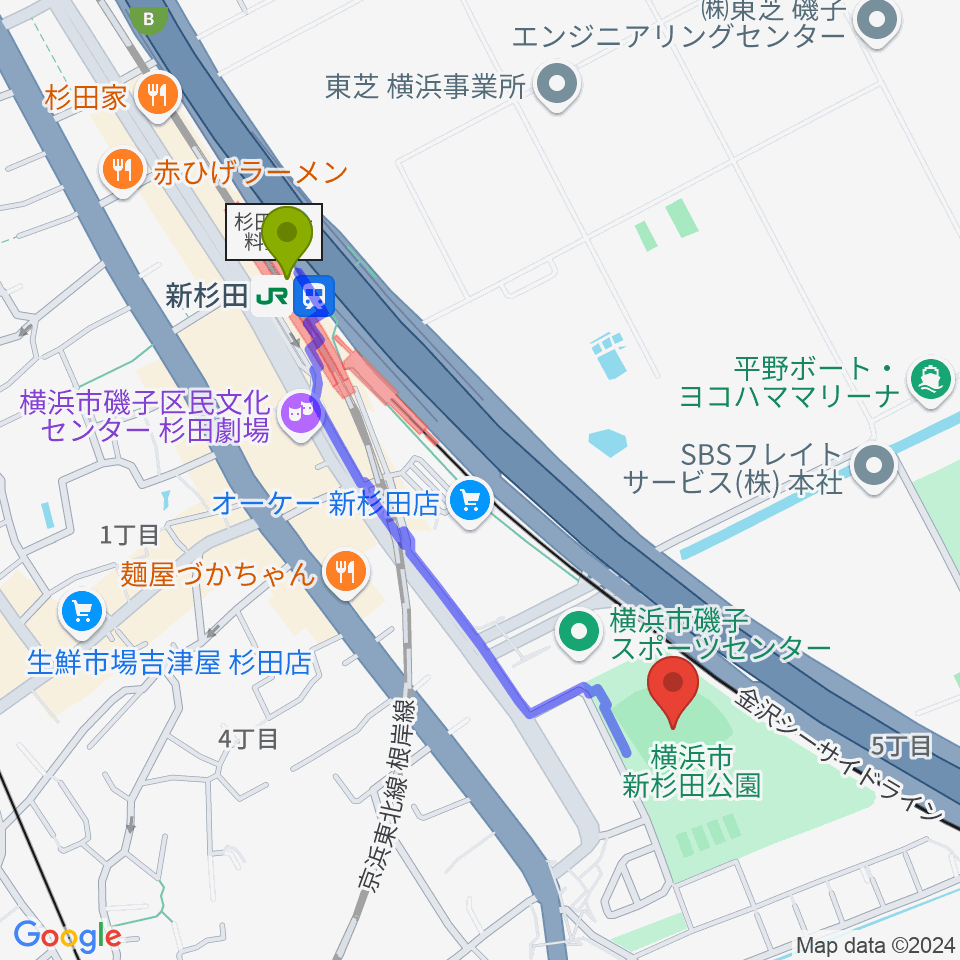 新杉田公園野球場の最寄駅新杉田駅からの徒歩ルート（約10分）地図