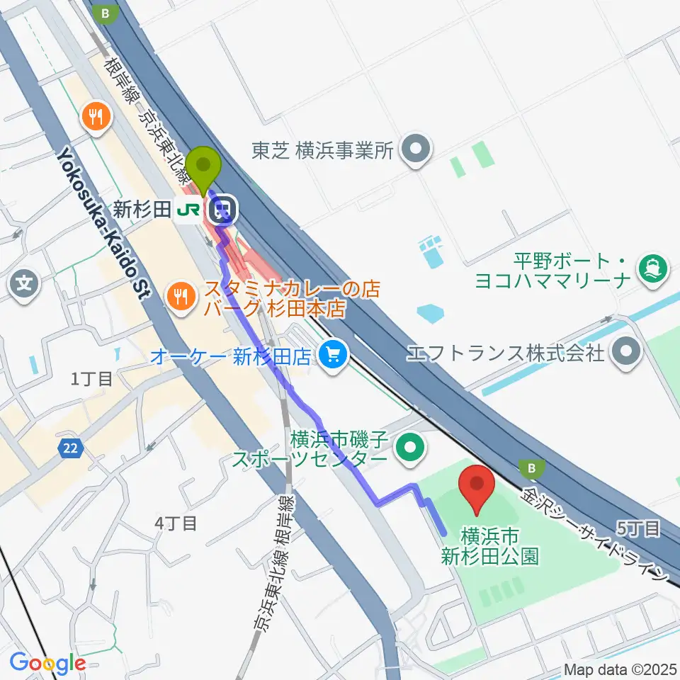 新杉田公園野球場の最寄駅新杉田駅からの徒歩ルート（約10分）地図