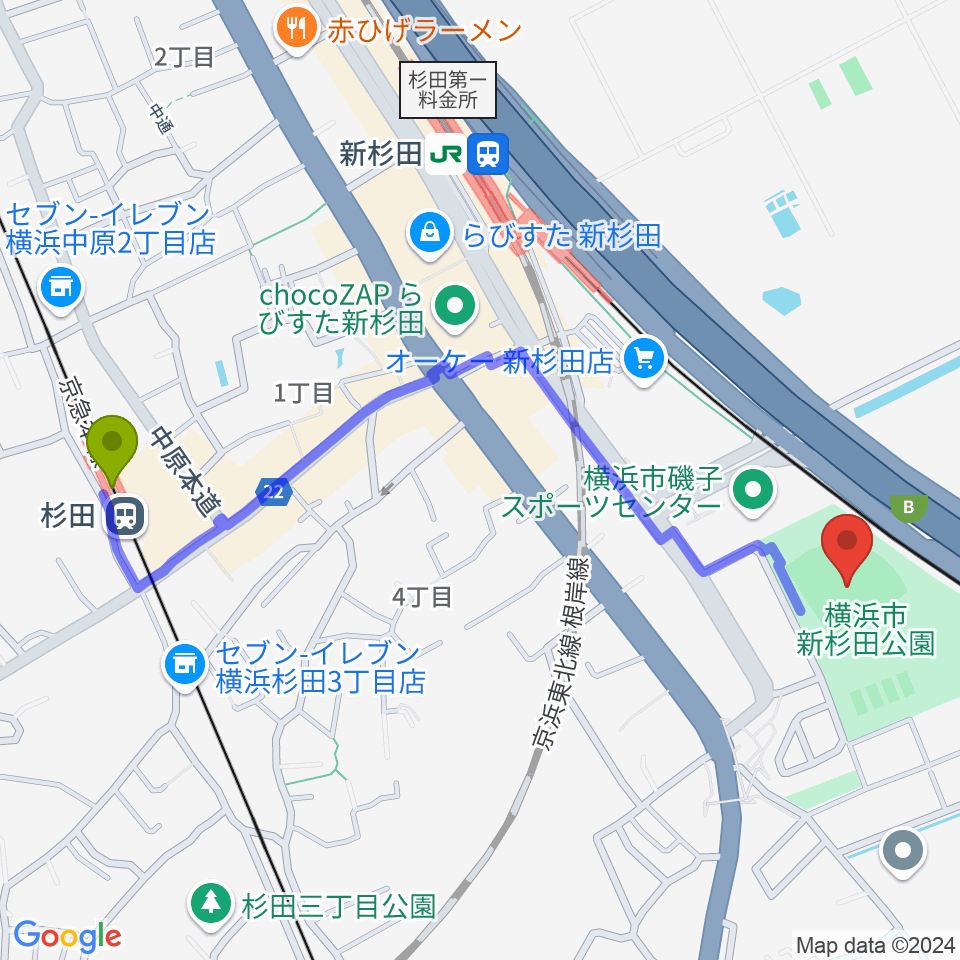 杉田駅から新杉田公園野球場へのルートマップ地図