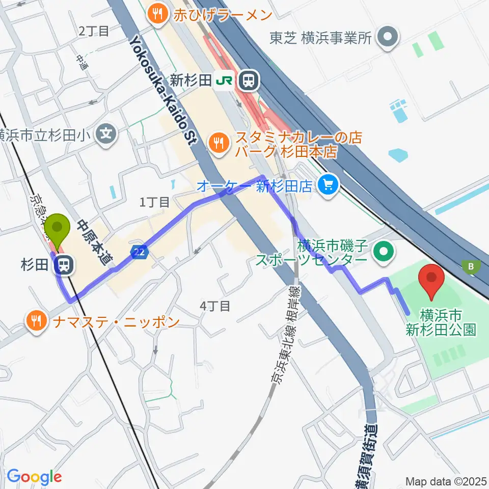 杉田駅から新杉田公園野球場へのルートマップ地図
