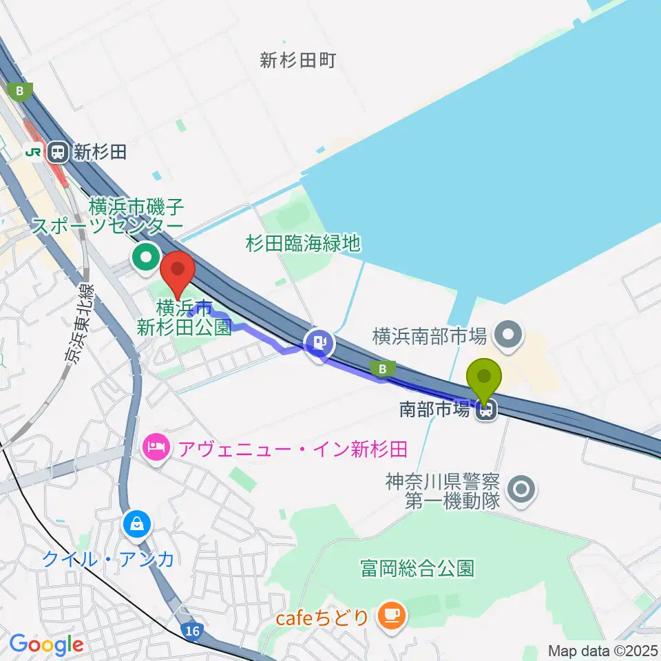 南部市場駅から新杉田公園野球場へのルートマップ地図