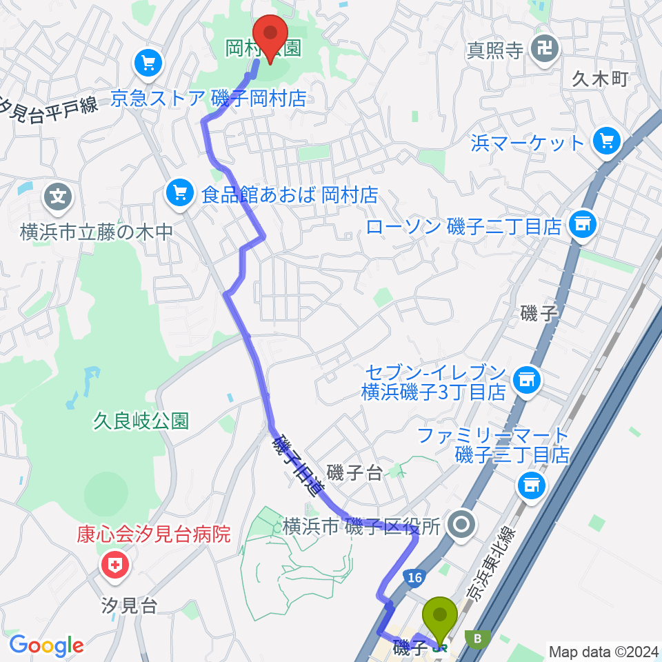 磯子駅から岡村公園野球場へのルートマップ地図