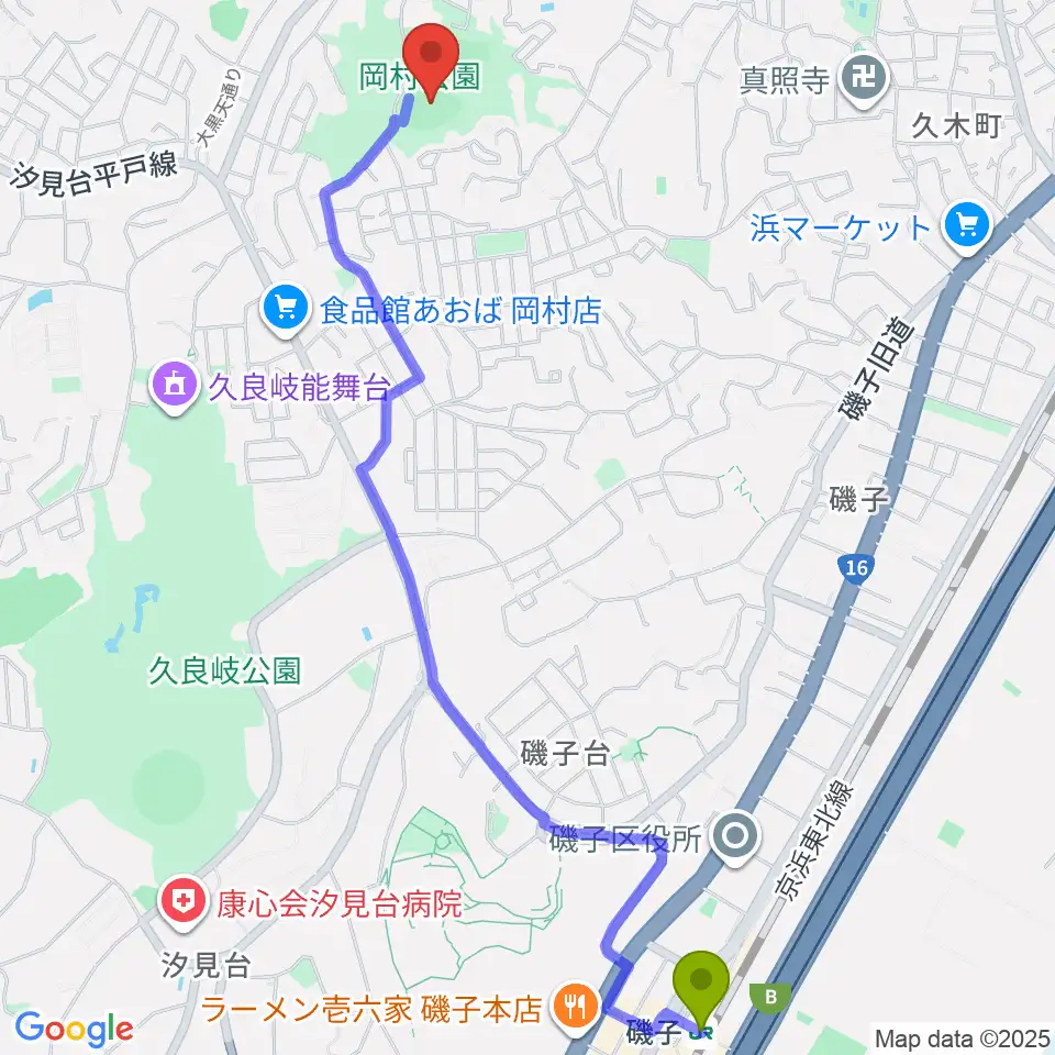 磯子駅から岡村公園野球場へのルートマップ地図