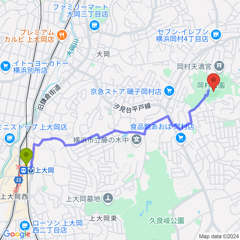 上大岡駅から岡村公園野球場へのルートマップ地図