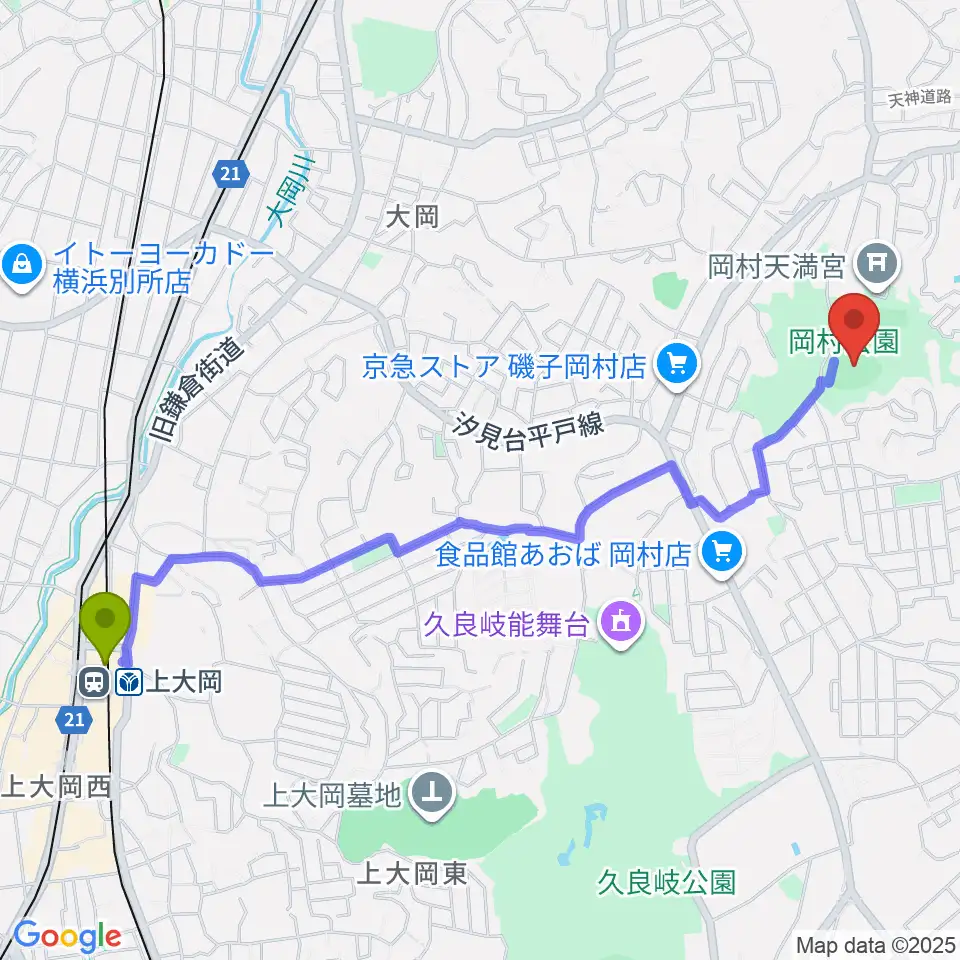 上大岡駅から岡村公園野球場へのルートマップ地図