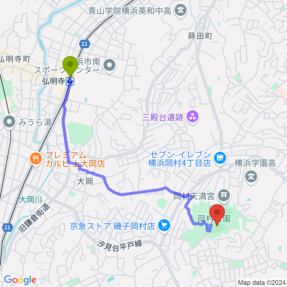 岡村公園野球場の最寄駅弘明寺駅からの徒歩ルート（約23分）地図