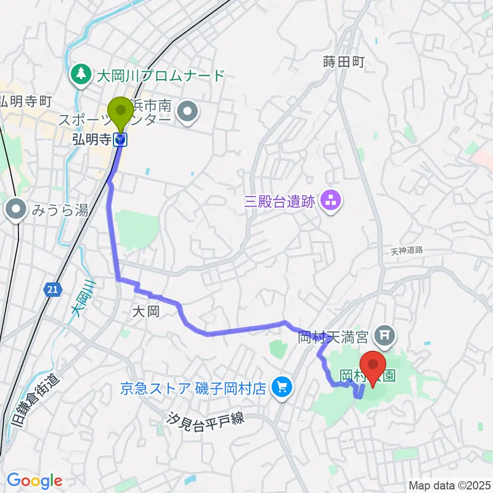 岡村公園野球場の最寄駅弘明寺駅からの徒歩ルート（約23分）地図