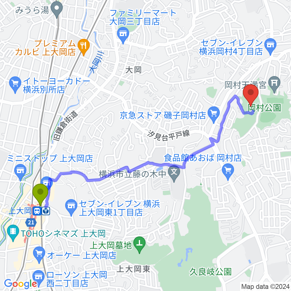 上大岡駅から岡村公園少年多目的広場へのルートマップ地図