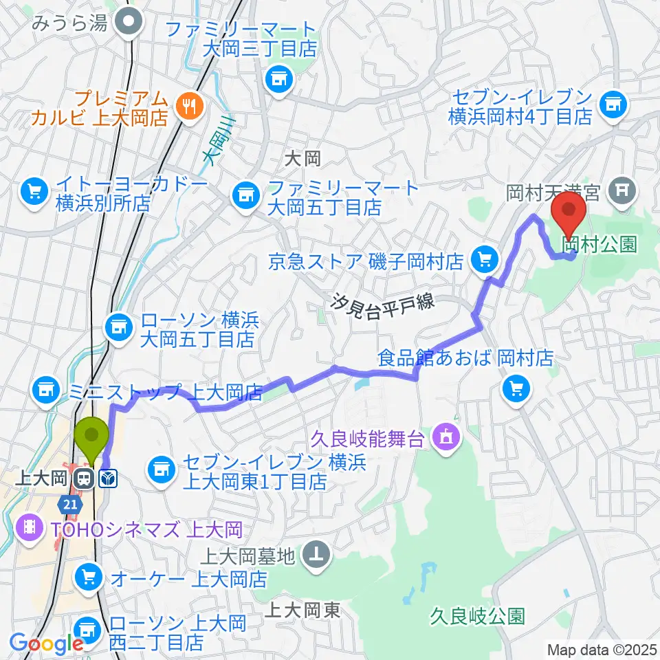 上大岡駅から岡村公園少年多目的広場へのルートマップ地図