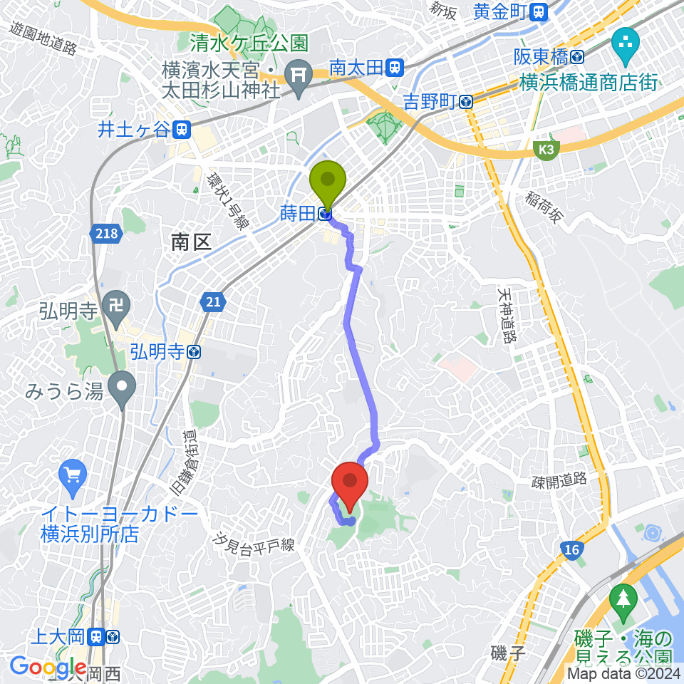 蒔田駅から岡村公園少年多目的広場へのルートマップ地図