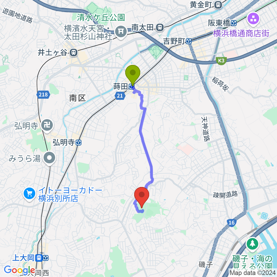 蒔田駅から岡村公園少年多目的広場へのルートマップ地図