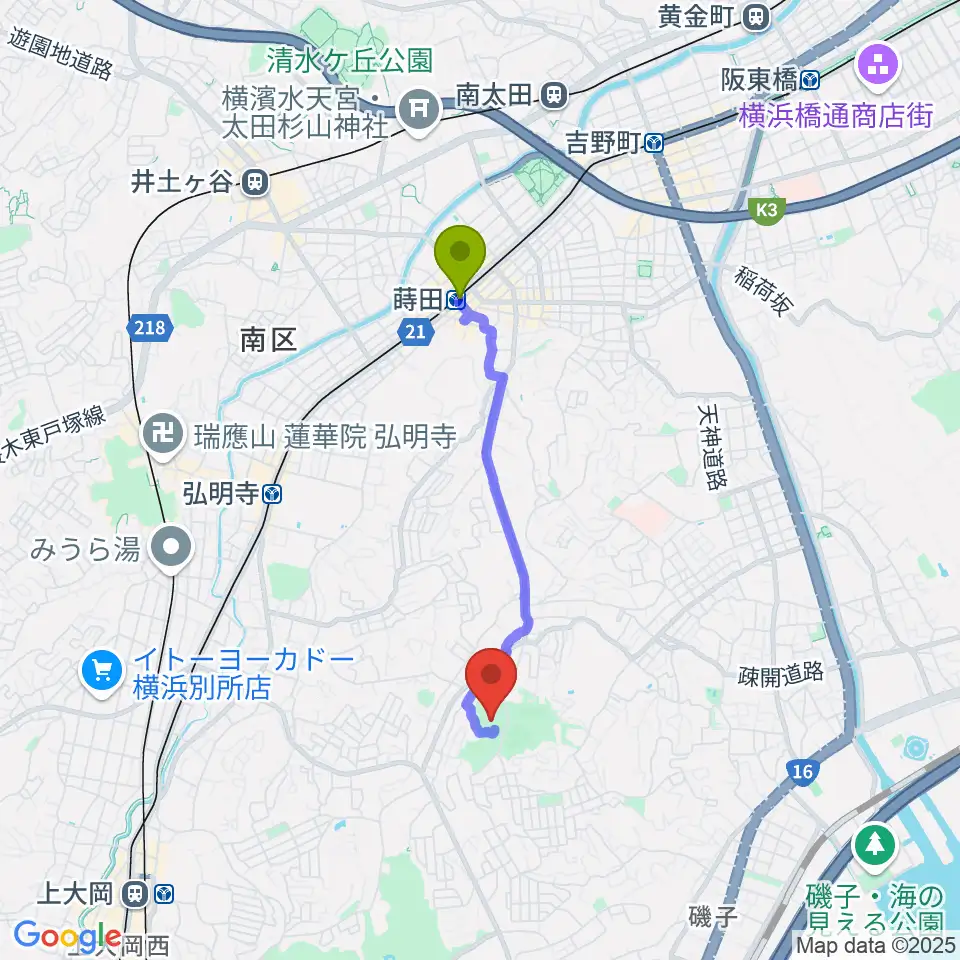 蒔田駅から岡村公園少年多目的広場へのルートマップ地図