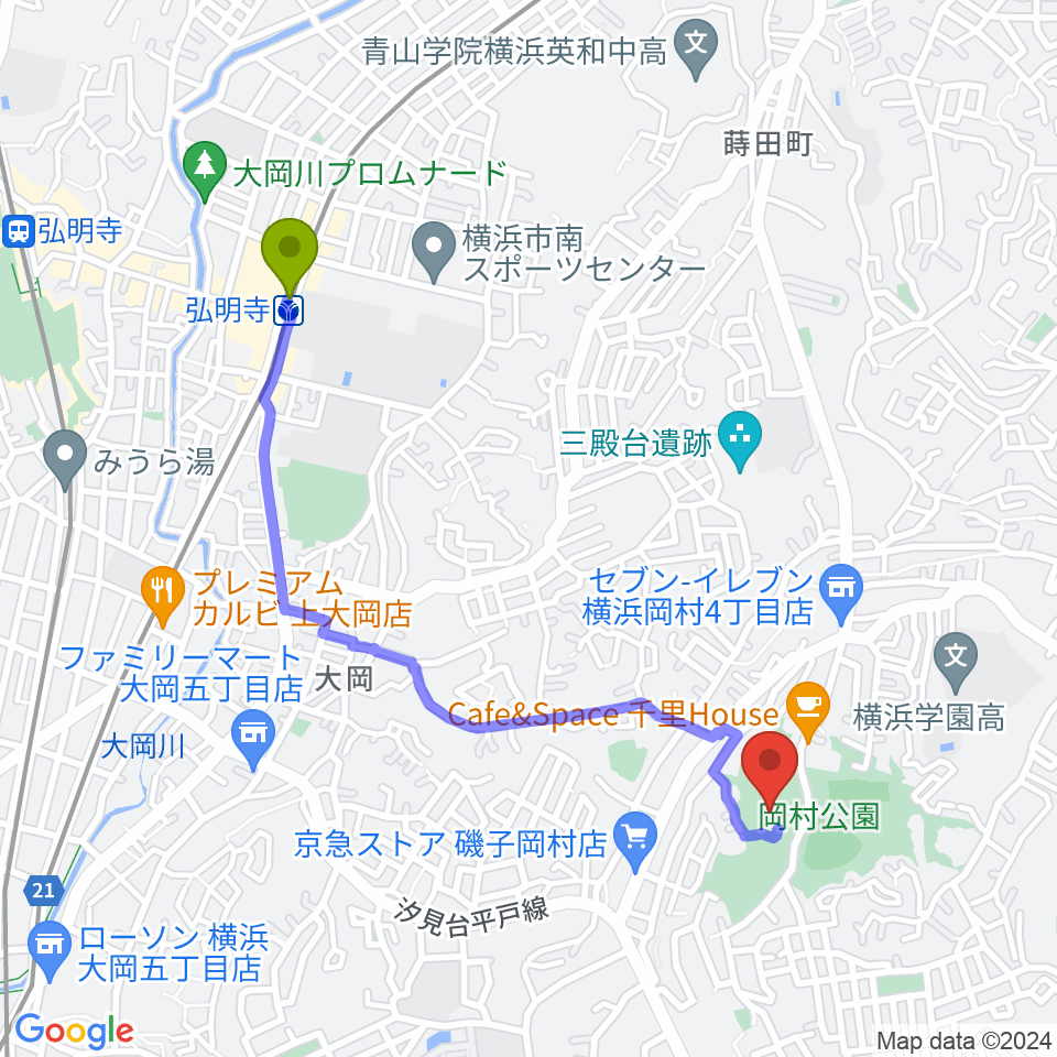 岡村公園少年多目的広場の最寄駅弘明寺駅からの徒歩ルート（約21分）地図