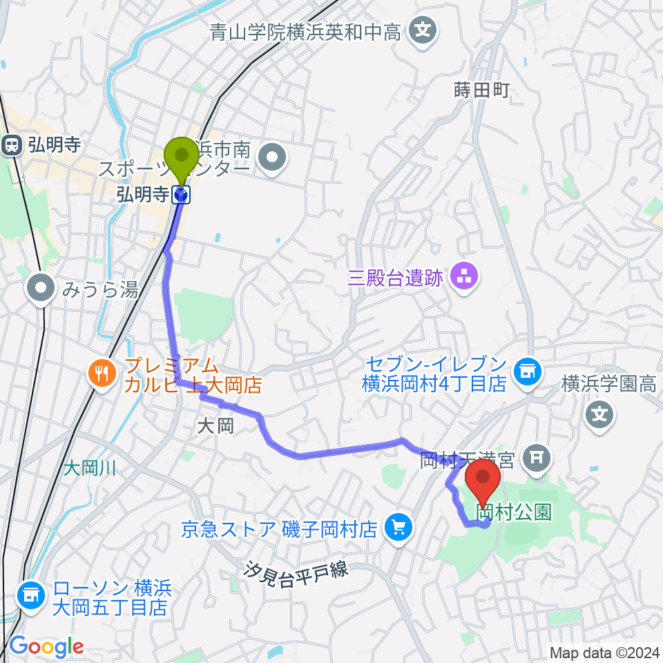 岡村公園少年多目的広場の最寄駅弘明寺駅からの徒歩ルート（約21分）地図