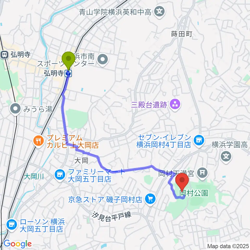 岡村公園少年多目的広場の最寄駅弘明寺駅からの徒歩ルート（約21分）地図