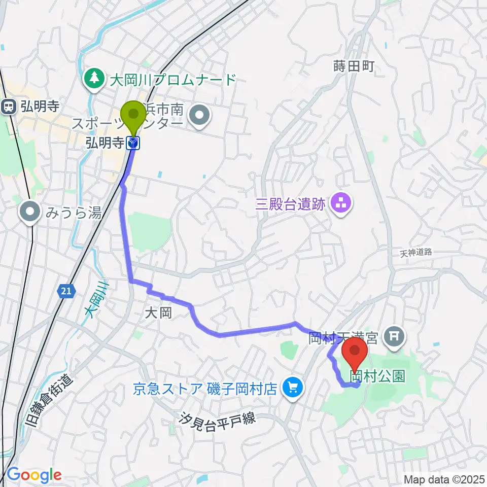 岡村公園少年多目的広場の最寄駅弘明寺駅からの徒歩ルート（約21分）地図
