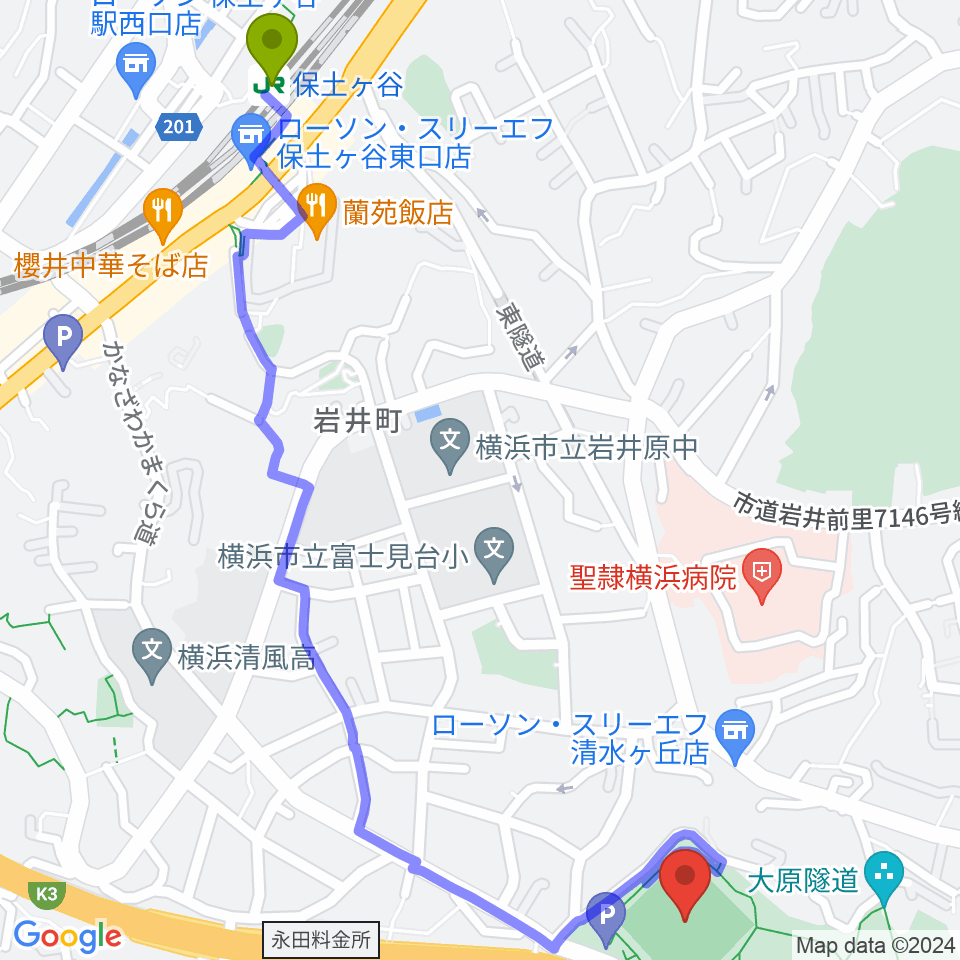 保土ケ谷駅から清水ケ丘公園運動広場へのルートマップ地図