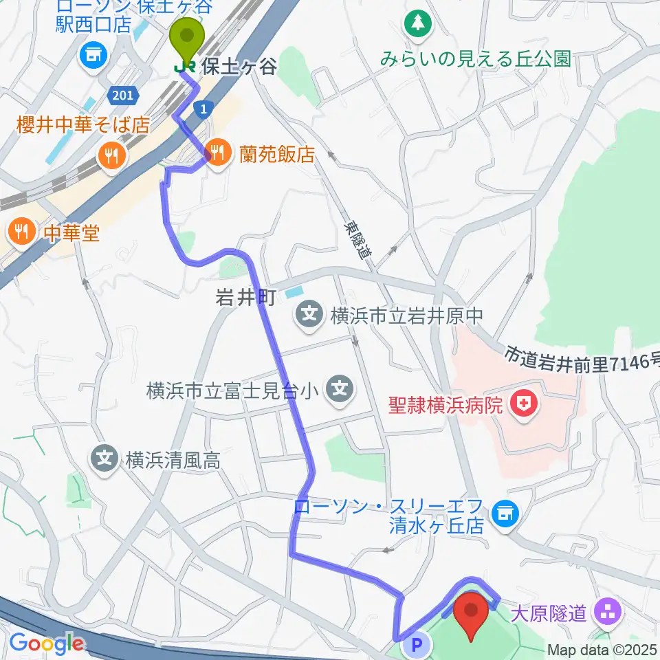 保土ケ谷駅から清水ケ丘公園運動広場へのルートマップ地図