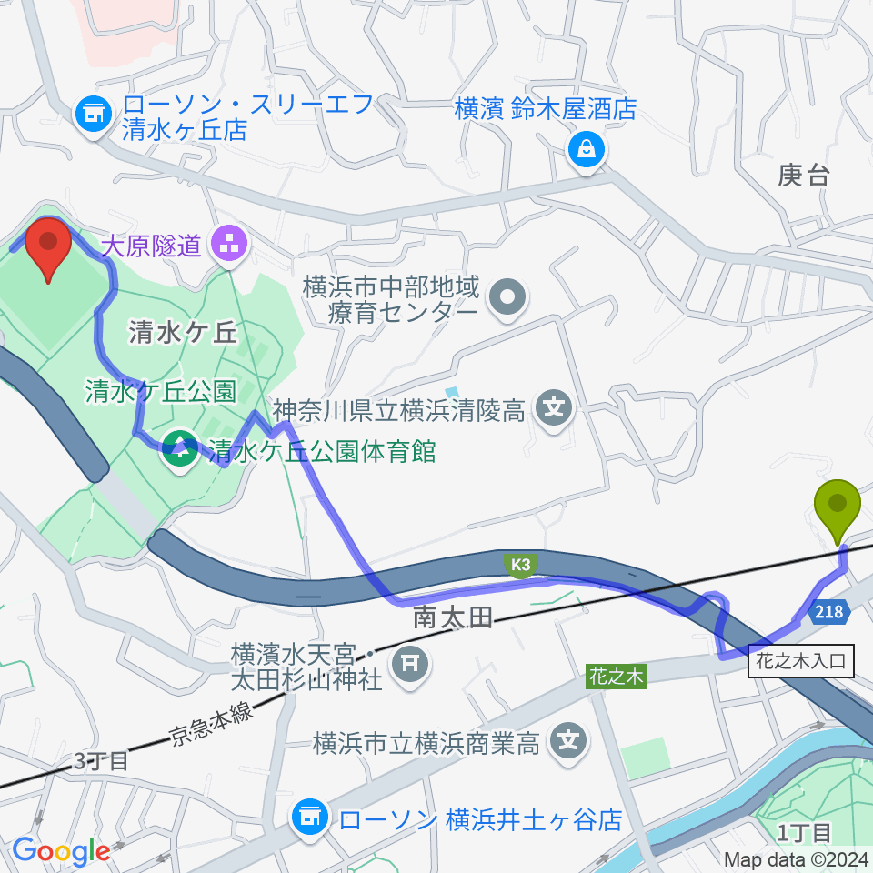 南太田駅から清水ケ丘公園運動広場へのルートマップ地図