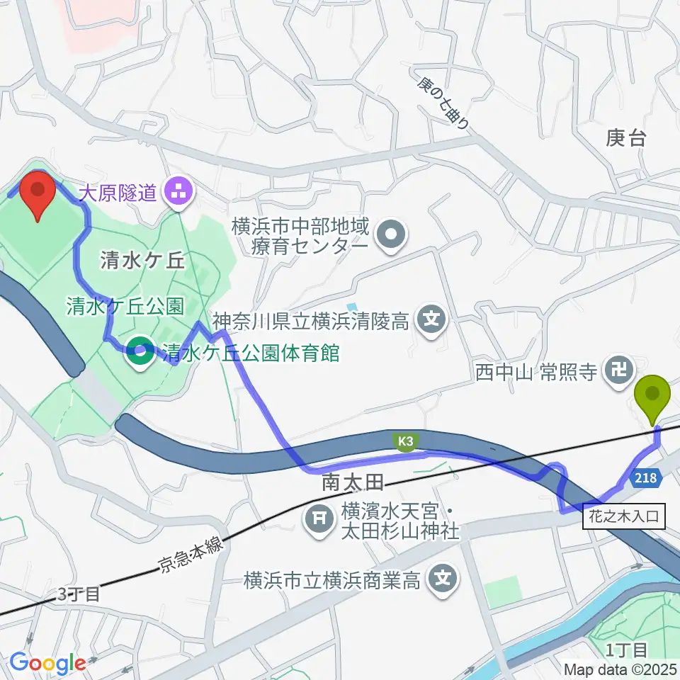 南太田駅から清水ケ丘公園運動広場へのルートマップ地図