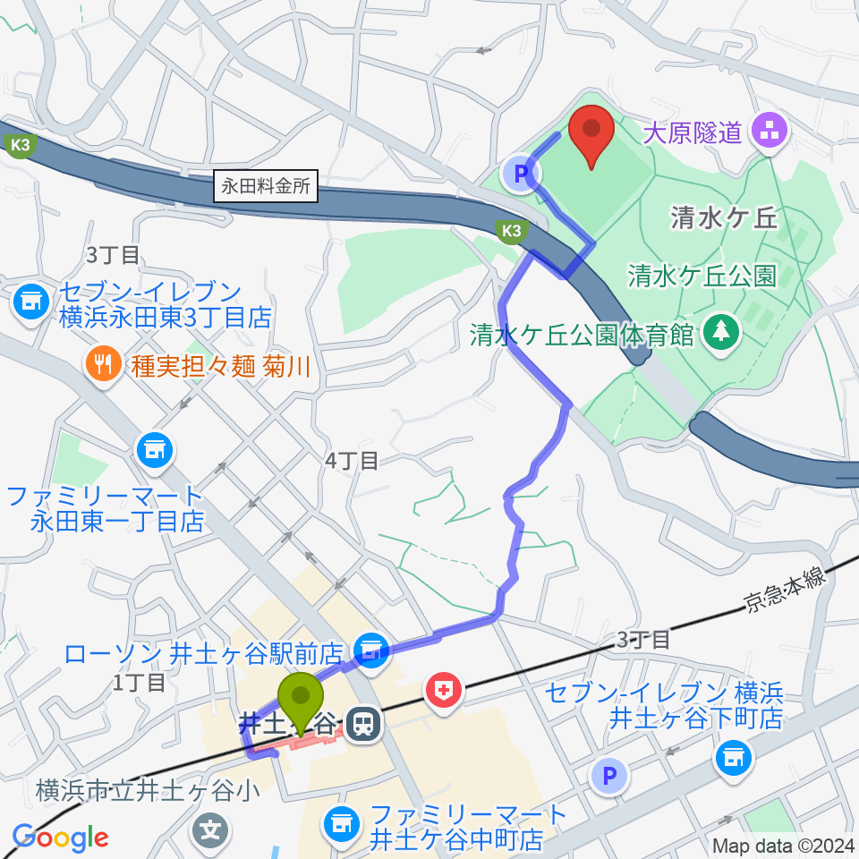 清水ケ丘公園運動広場の最寄駅井土ヶ谷駅からの徒歩ルート（約12分）地図