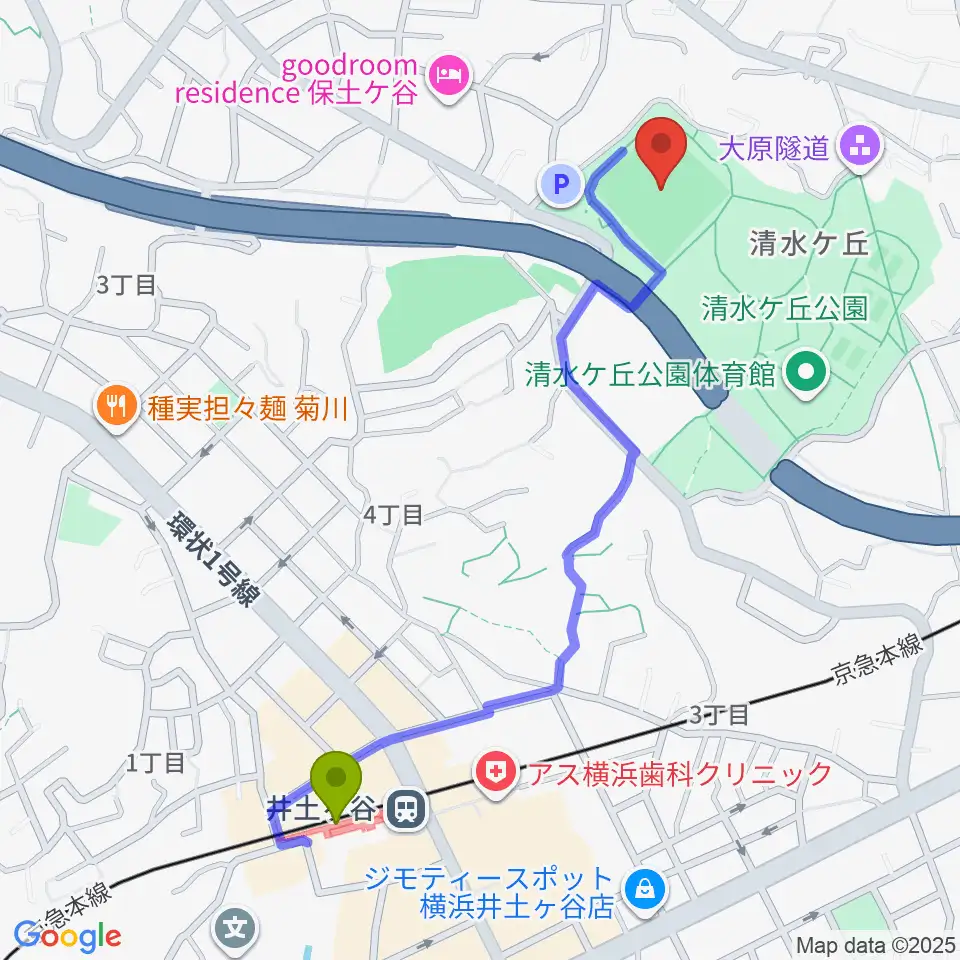 清水ケ丘公園運動広場の最寄駅井土ヶ谷駅からの徒歩ルート（約12分）地図