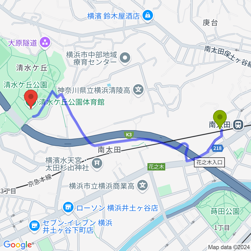 南太田駅から清水ケ丘公園体育館へのルートマップ地図