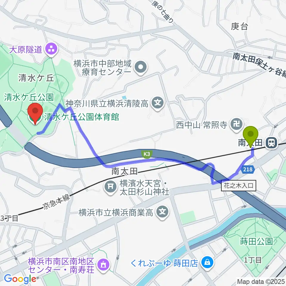 南太田駅から清水ケ丘公園体育館へのルートマップ地図